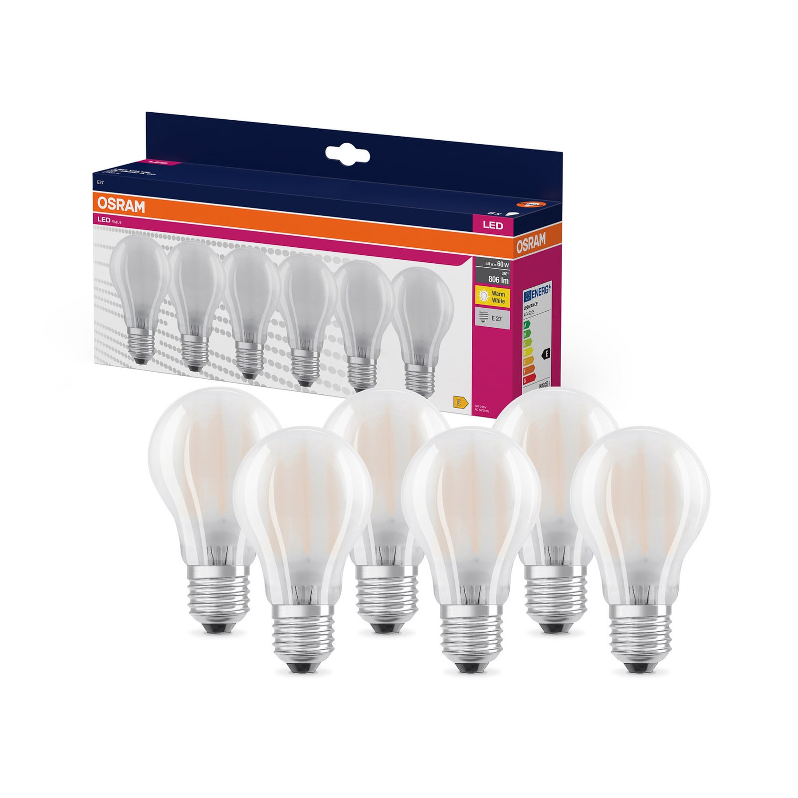 LED pære E27 7W 2700K matt pæreform 6-pk forfra