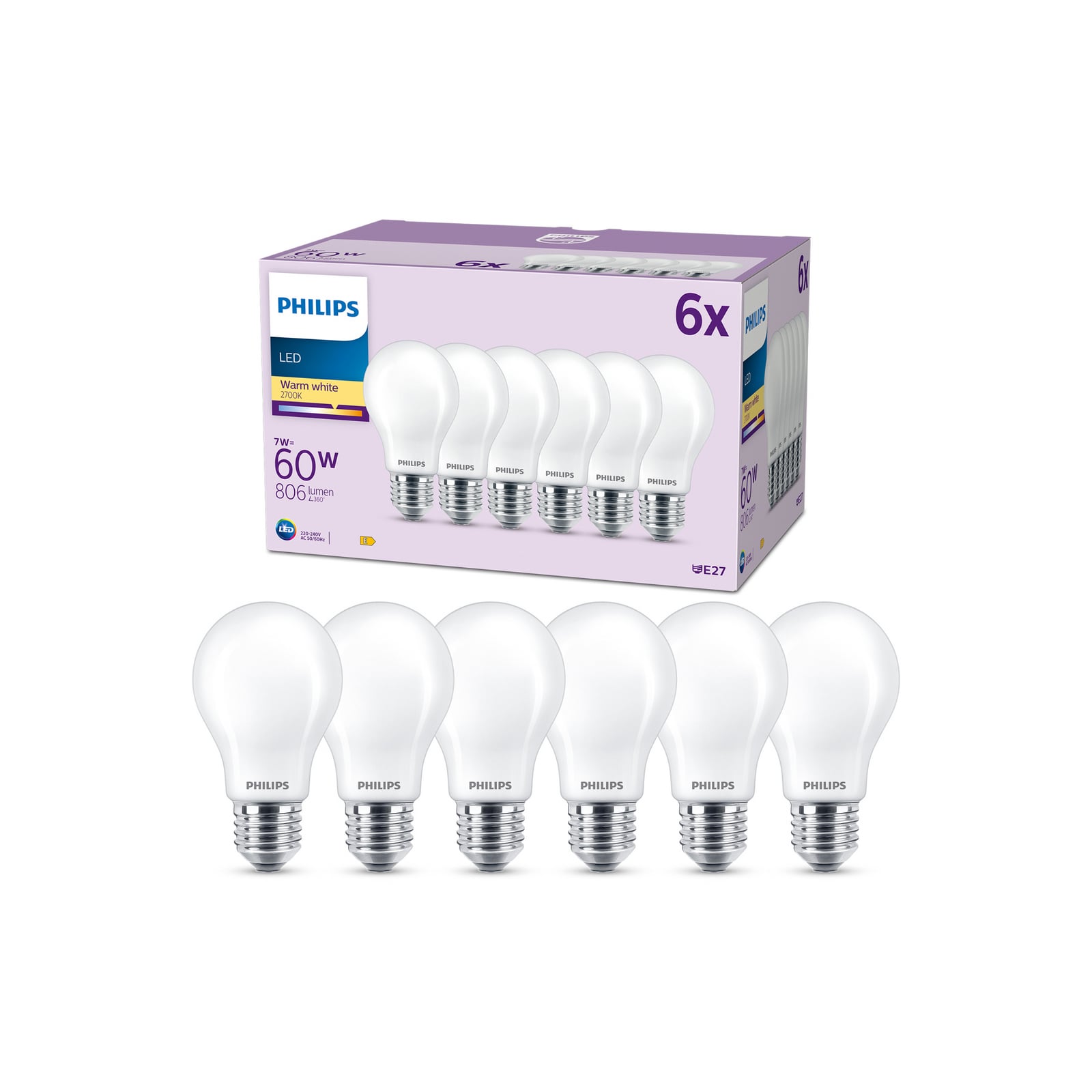 LED-pære E27 7W 806lm 2700K matt 6-pakning - Philips forfra