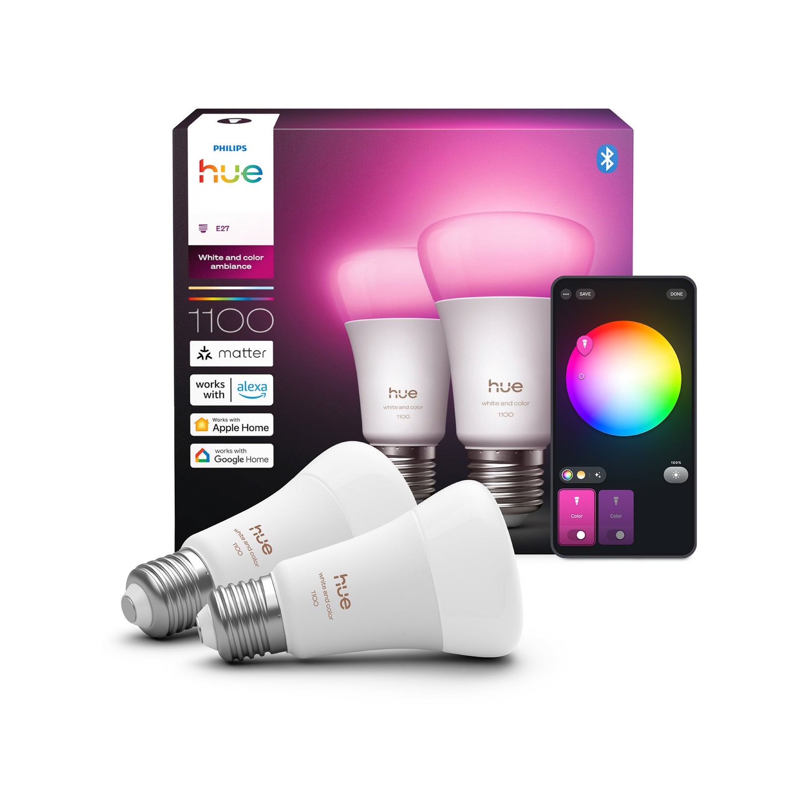 LED-pære E27 8,1W 1100 lm RGB CCT dimbar 2-pakning - Philips Hue