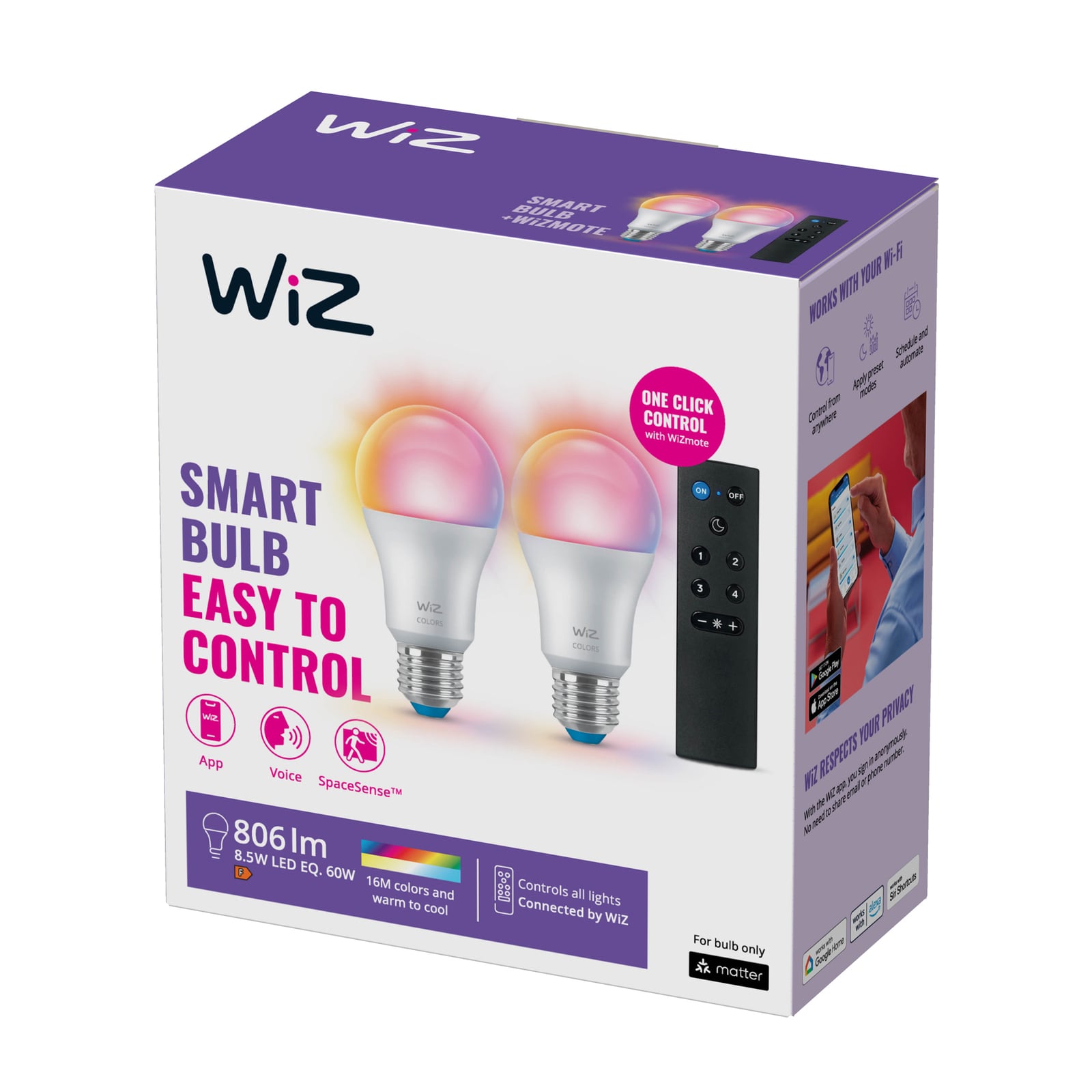 LED-pære E27 8,5W RGBW matt dimbar WiFi 2-pk bakside