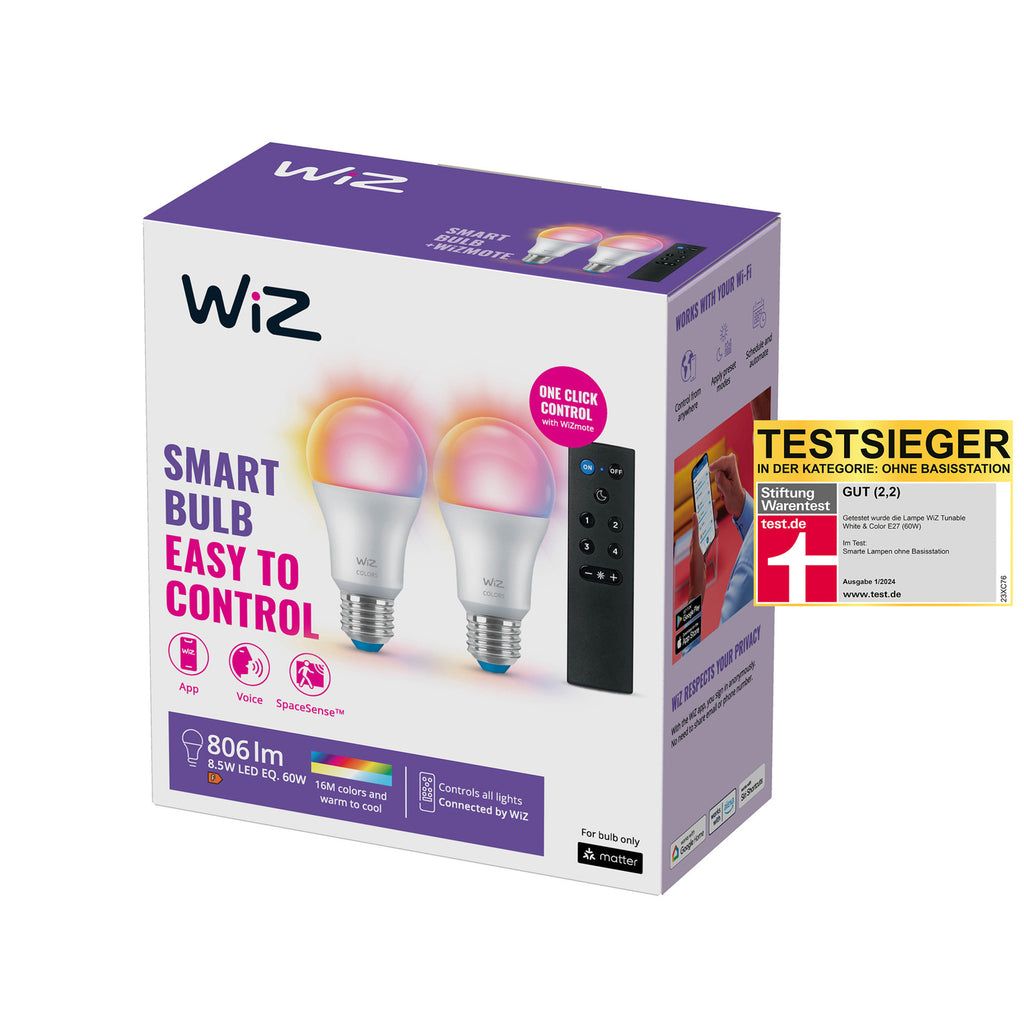 LED-pære E27 8,5W RGBW matt dimbar WiFi 2-pk pakket i eske
