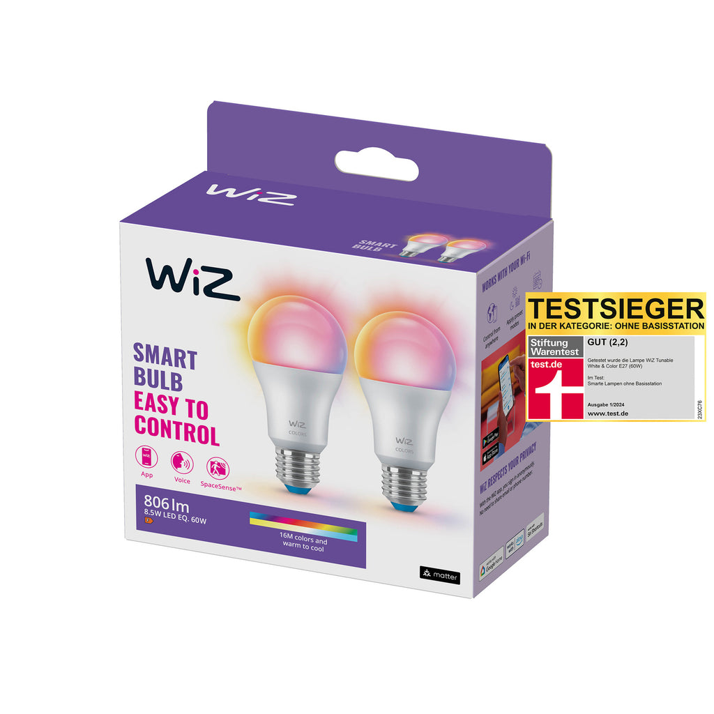 LED-pære E27 8,5W RGBW matt dimbar WiFi 2-pk fargevalg