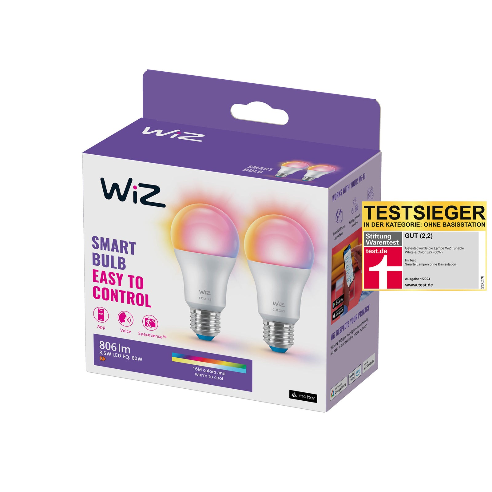 LED-pære E27 8,5W RGBW matt dimbar WiFi 2-pk fargevalg