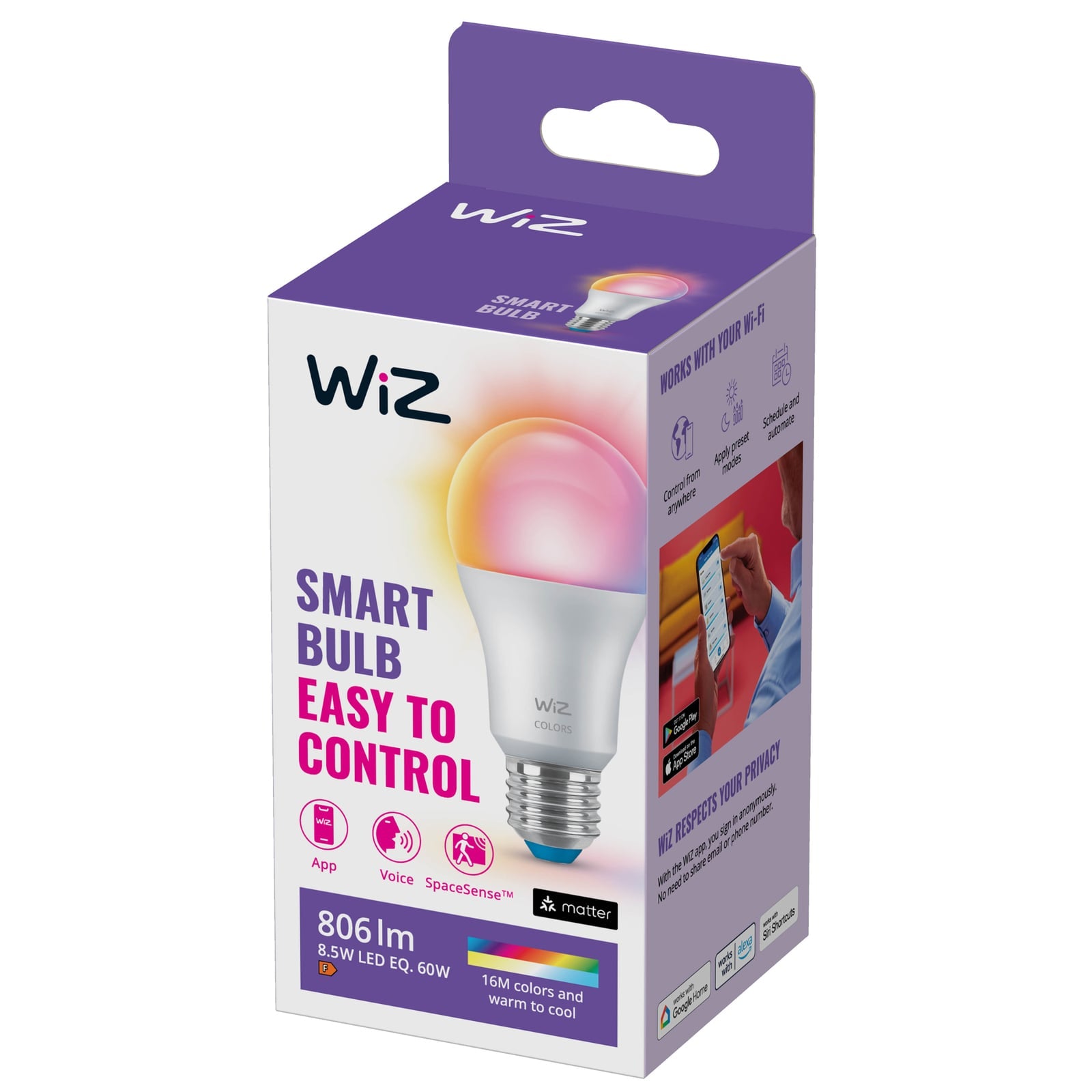 LED-pære E27 8,5W RGBW matt dimbar WiFi - WiZ bakside