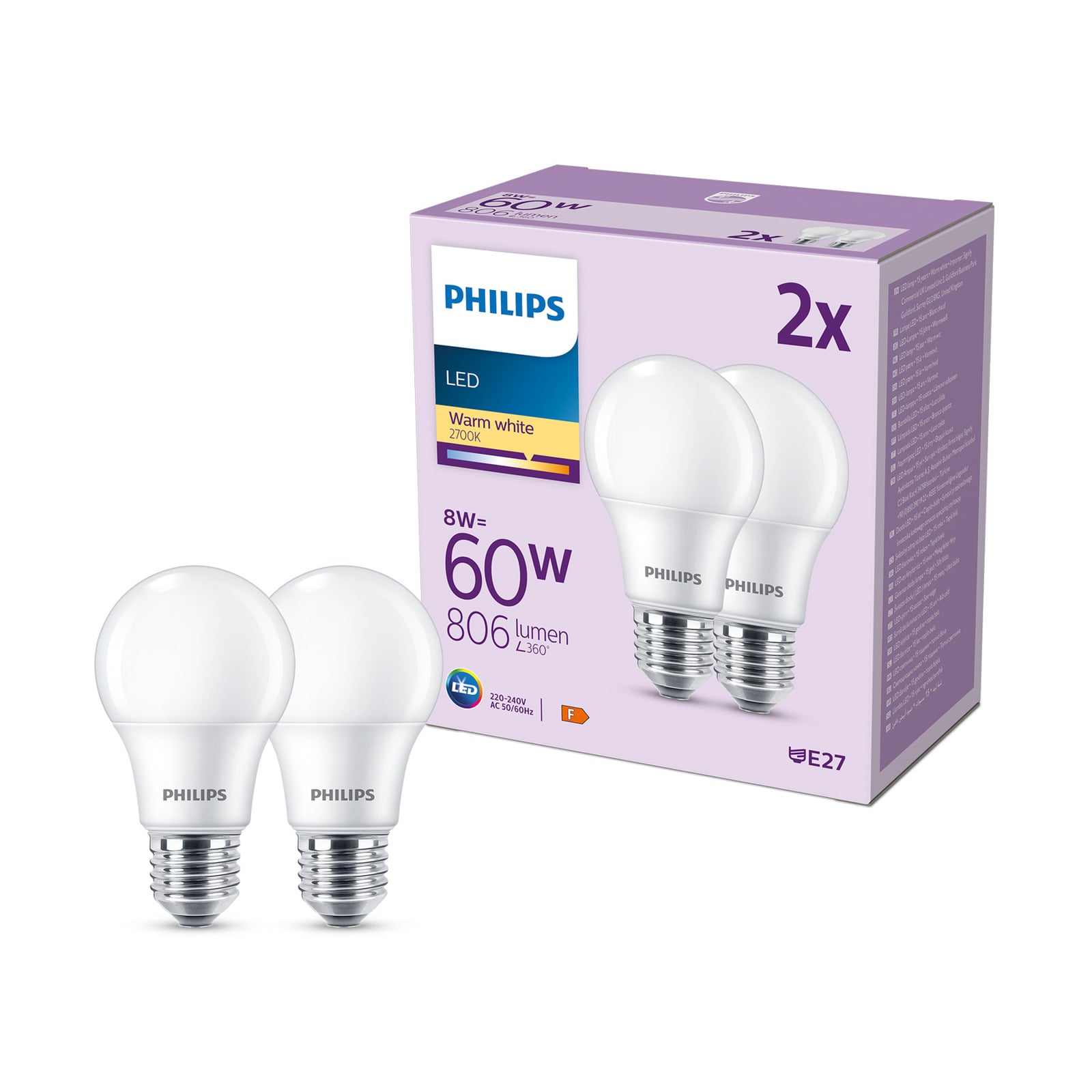 LED-pære E27 8W 806lm 2700K varmhvit matt 2-pakning Philips forfra