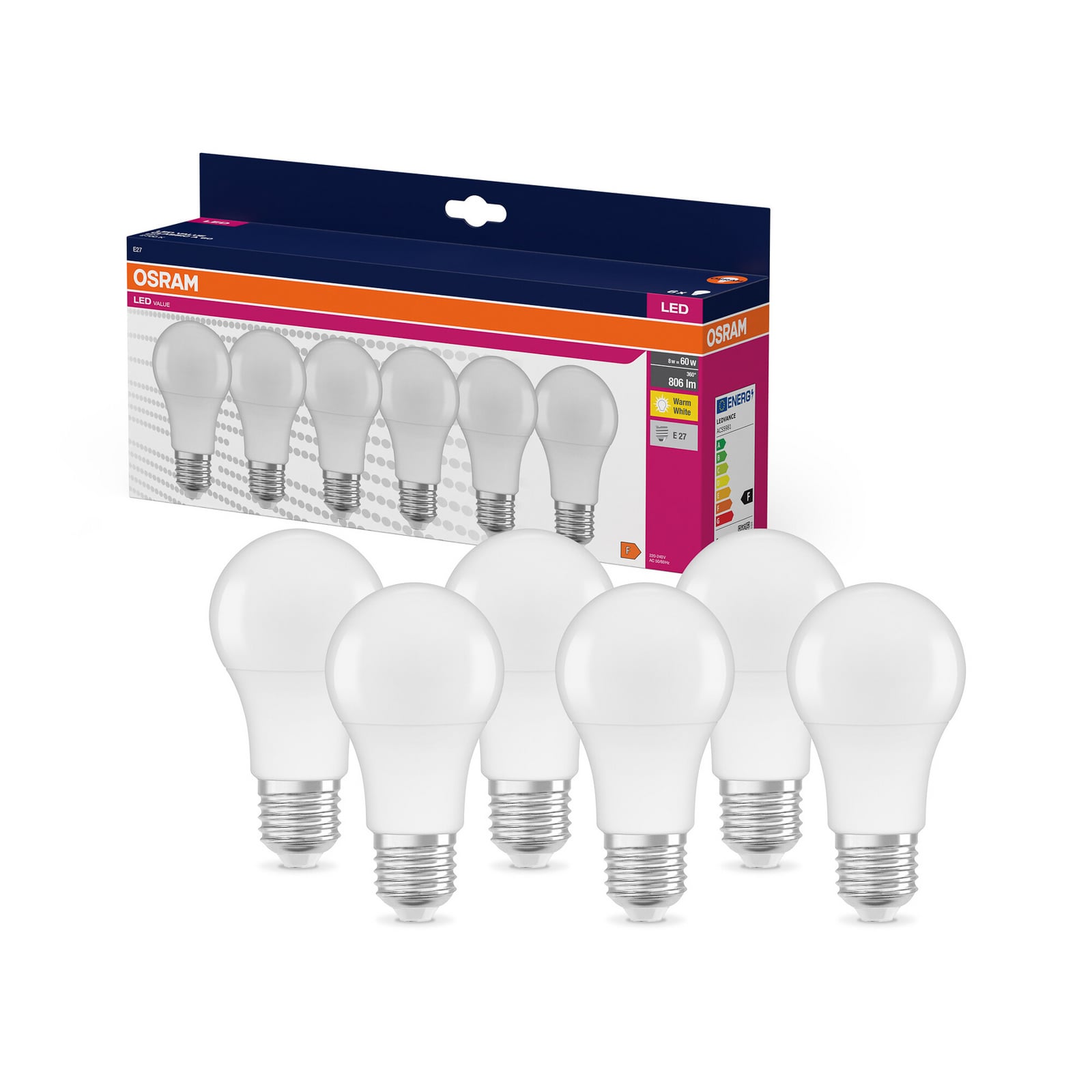 LED-pære E27 8W 806lm 2700K varmhvit opal 6-pakning OSRAM forfra