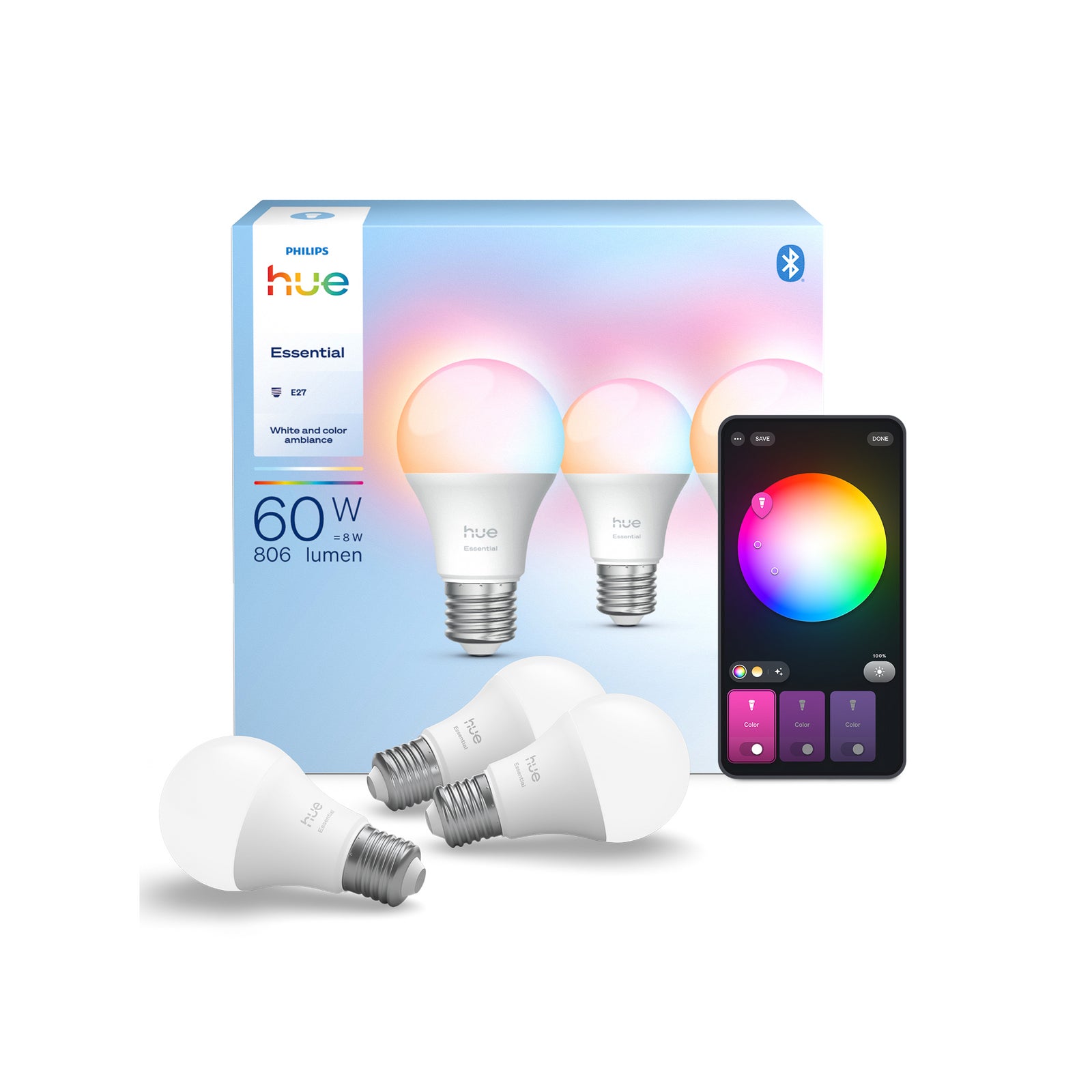 LED-pære E27 8W pæreform RGB CCT dimbar 3-pakning - Philips Hue i belysningsmiljø