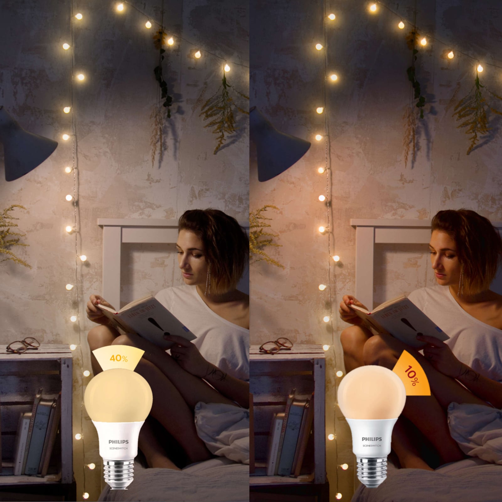 LED-pære E27 8W SceneSwitch 3-trinns dimming 2700K matt - Philips bakside