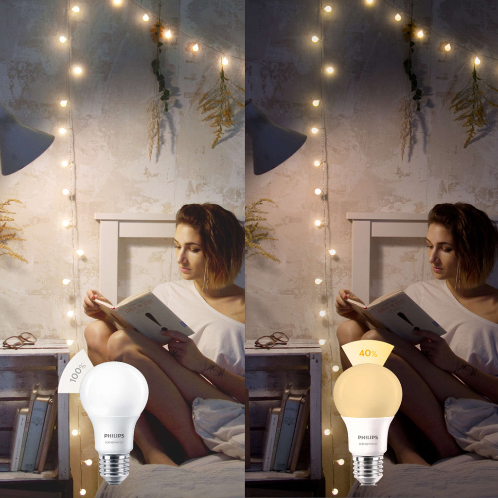 LED-pære E27 8W SceneSwitch 3-trinns dimming 2700K matt - Philips montert i lampe