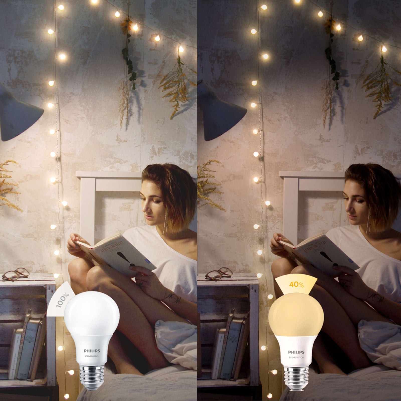 LED-pære E27 8W SceneSwitch 3-trinns dimming 2700K matt - Philips montert i lampe