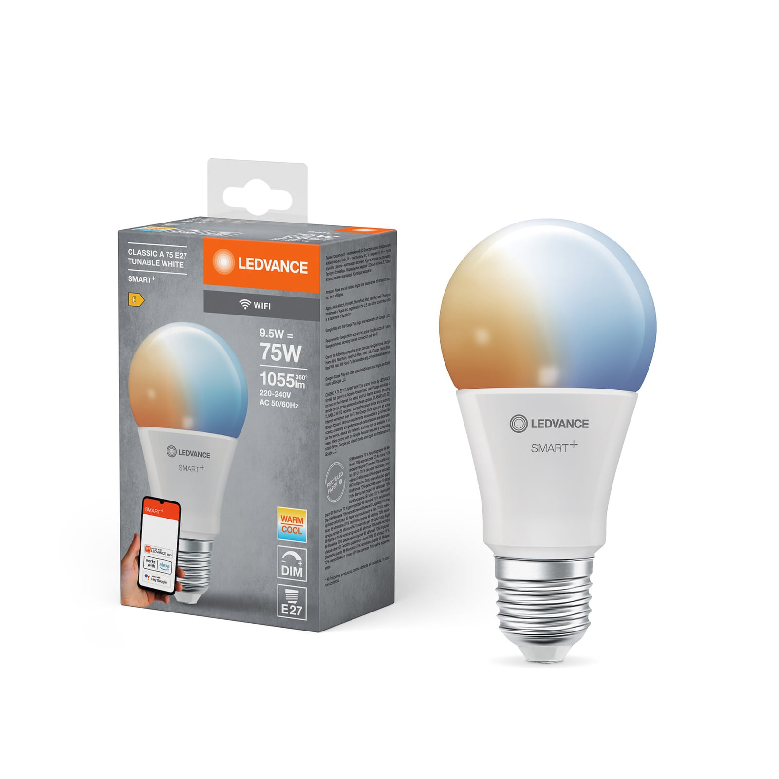 LED-pære E27 9,5W CCT dimbar matt 1055lm WiFi - LEDVANCE SMART+ montert