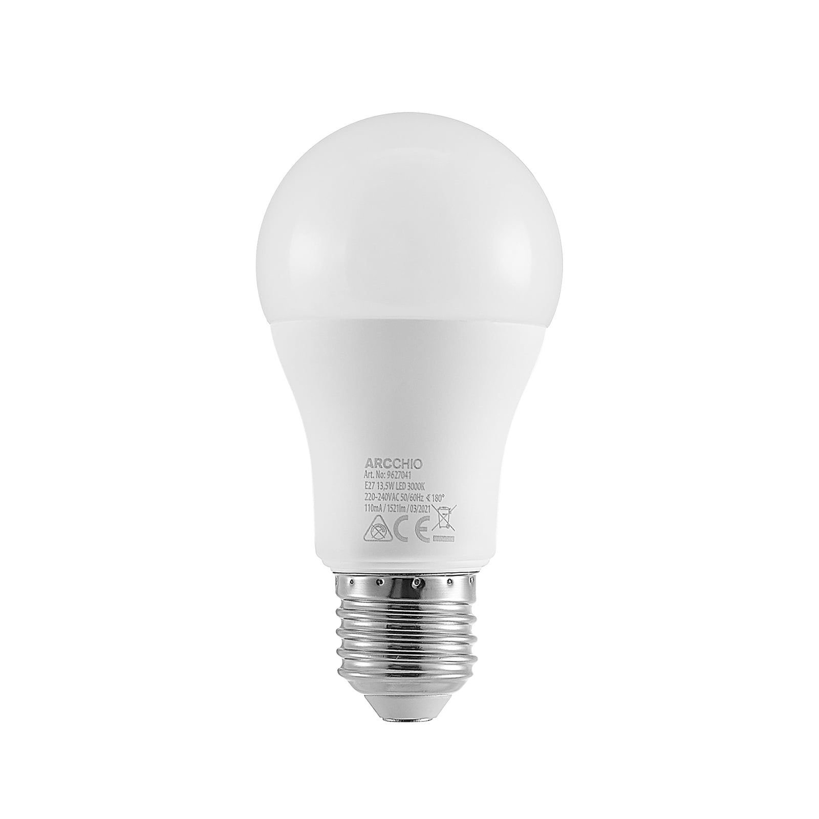 LED-pære E27 A60 13,5W opal 3000K 1521 lm montert i lampe