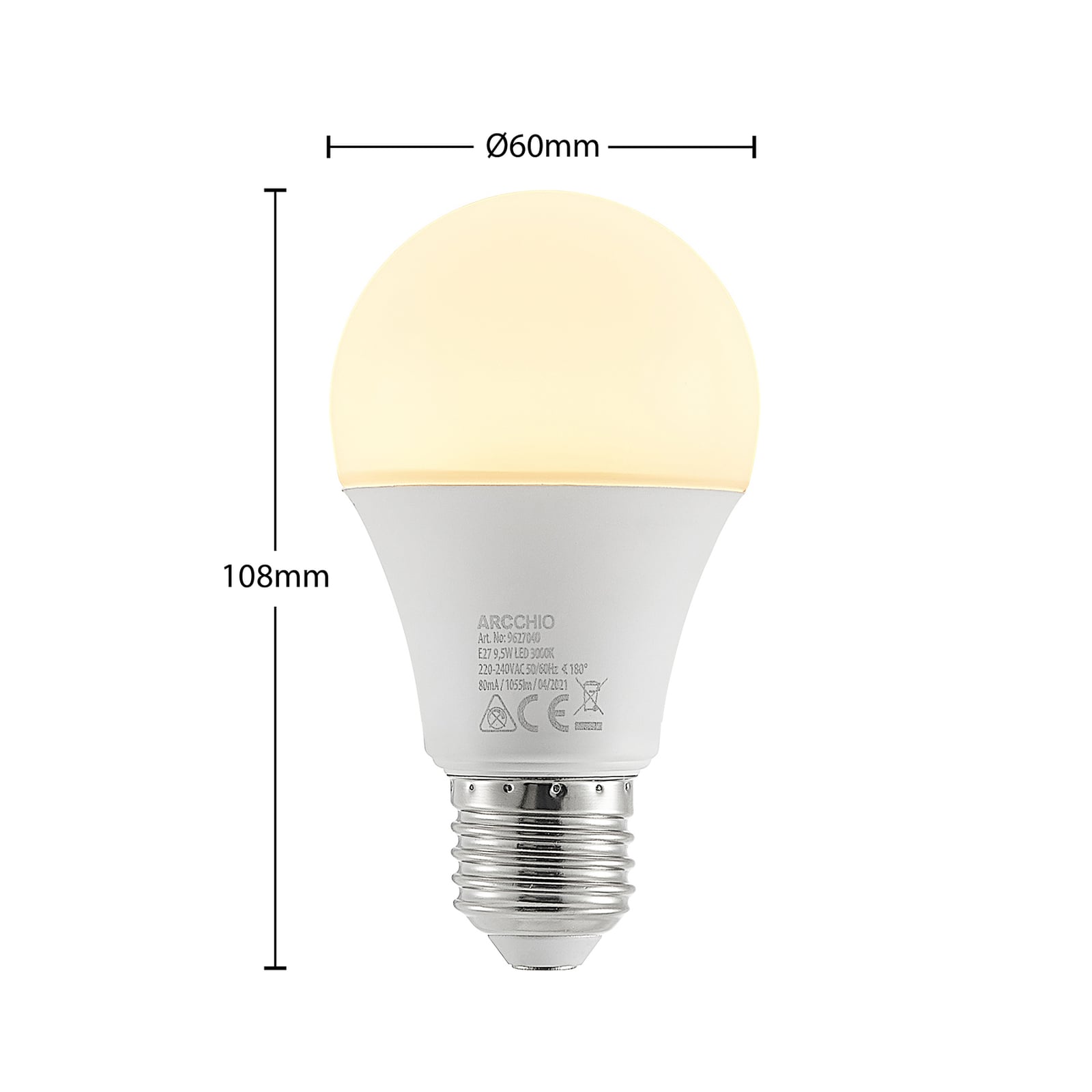 LED-pære E27 A60 9,5W 3000K opal 10-pakning bakside