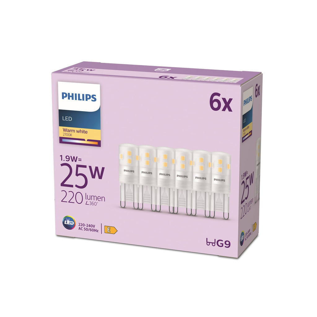 LED-pære G9 1,9W 2700K varmhvit matt 6-pakning - Philips forfra