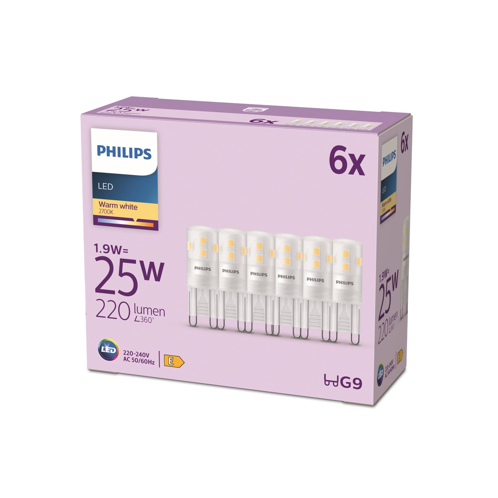 LED-pære G9 1,9W 2700K varmhvit matt 6-pakning - Philips forfra
