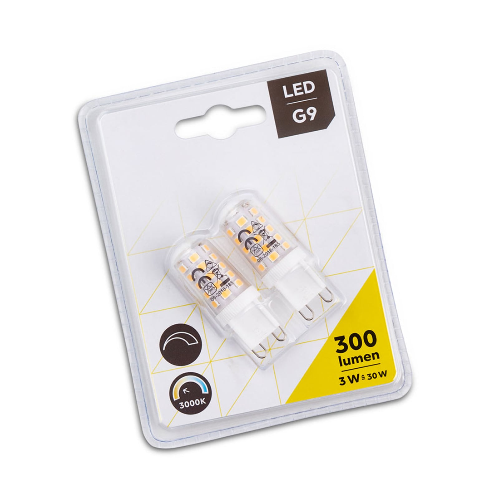 LED-pære G9 3W 3000K 300lm klar dimbar 2-pakning montert