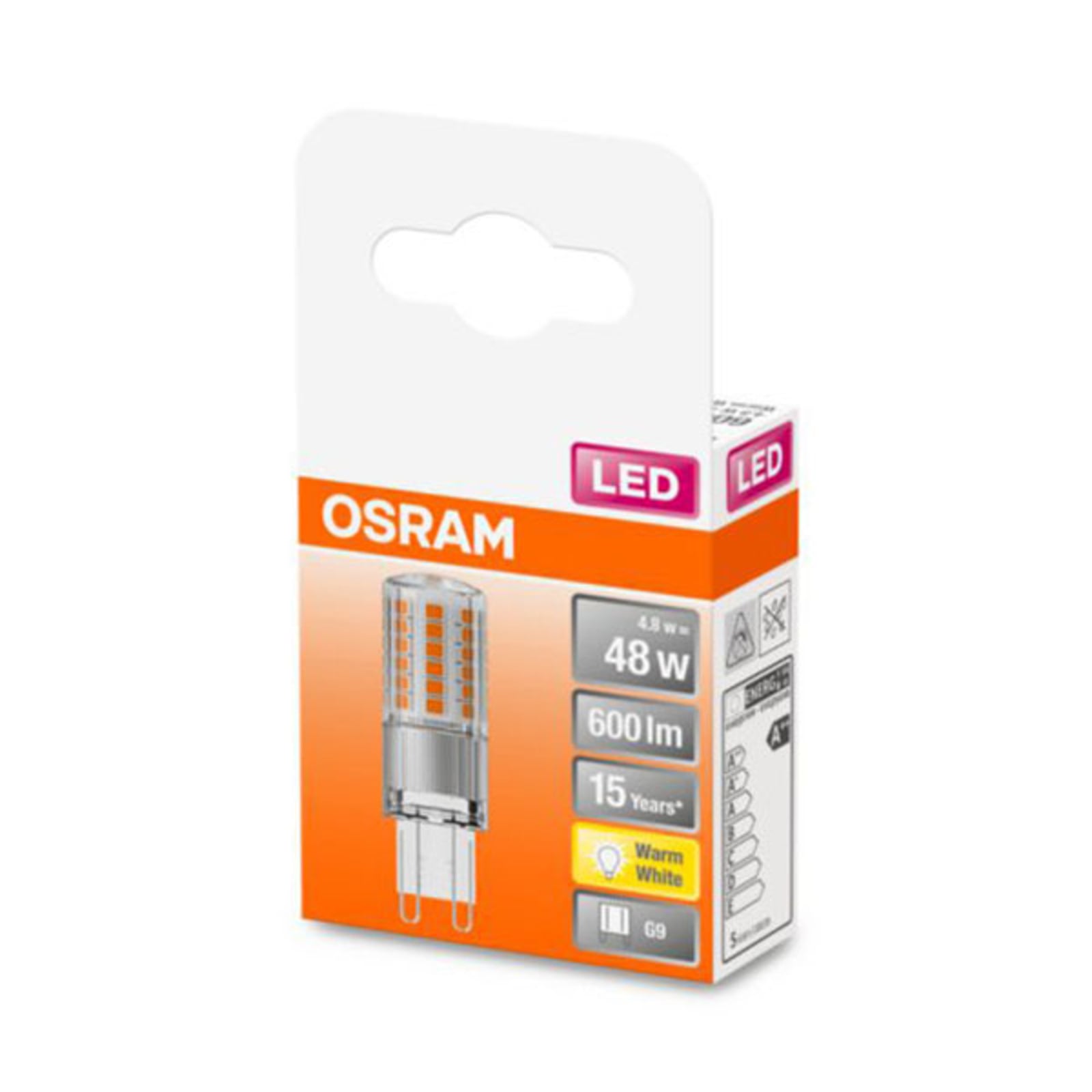 LED-pære G9 4,8W 2700K varmhvit klar 600 lm - OSRAM detalj av sokkel