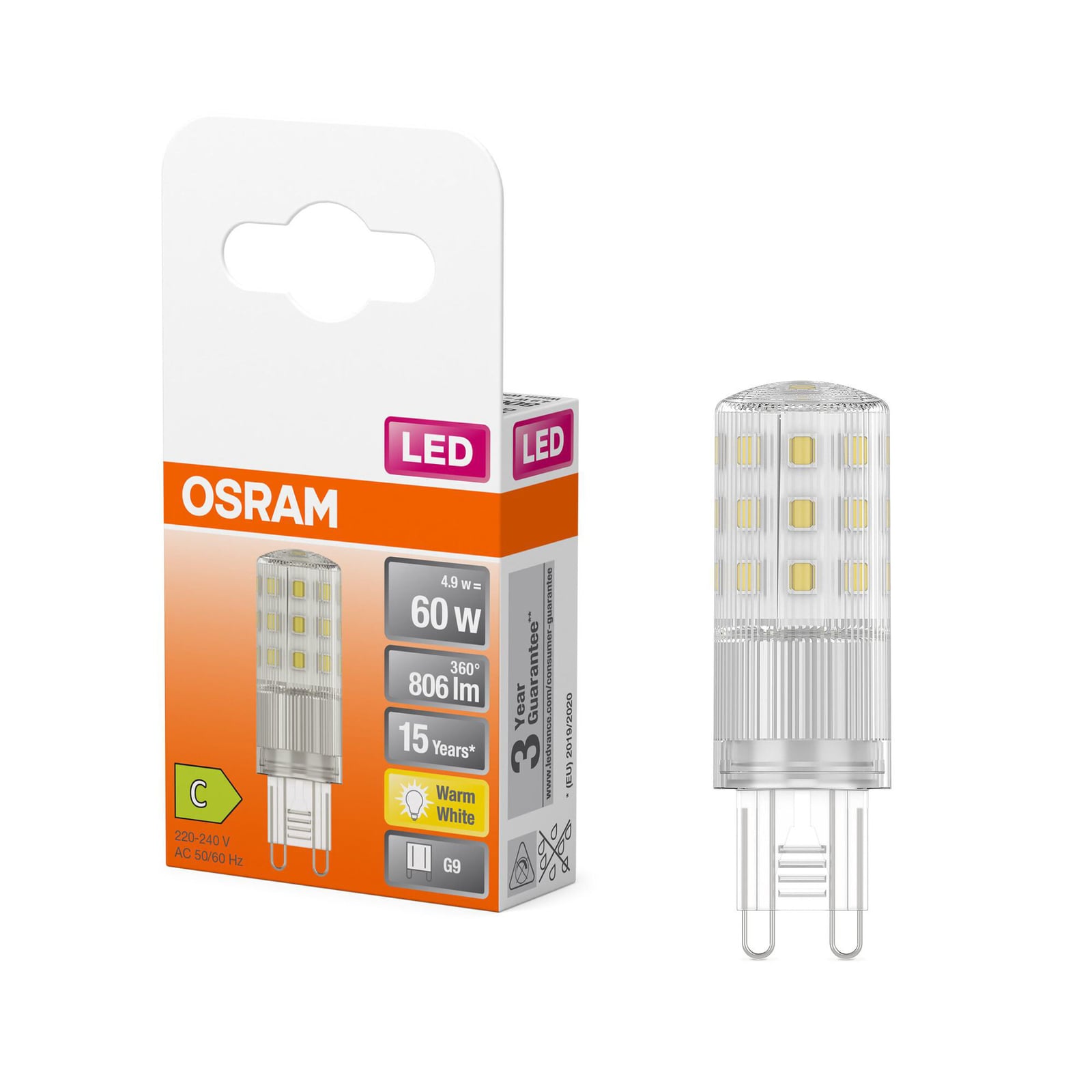 Detalj av LED-pære G9 4,9W 2700K varmhvit klar 806 lm fra OSRAM