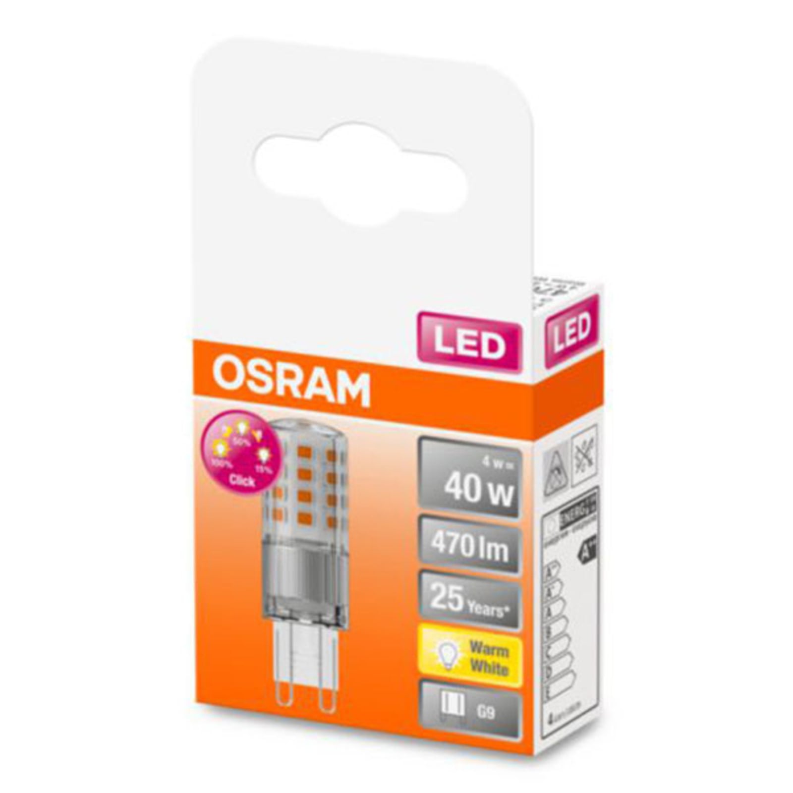 Detalj av LED-pære G9 4W 2700K klar 3-stegs dimbar 470lm fra OSRAM