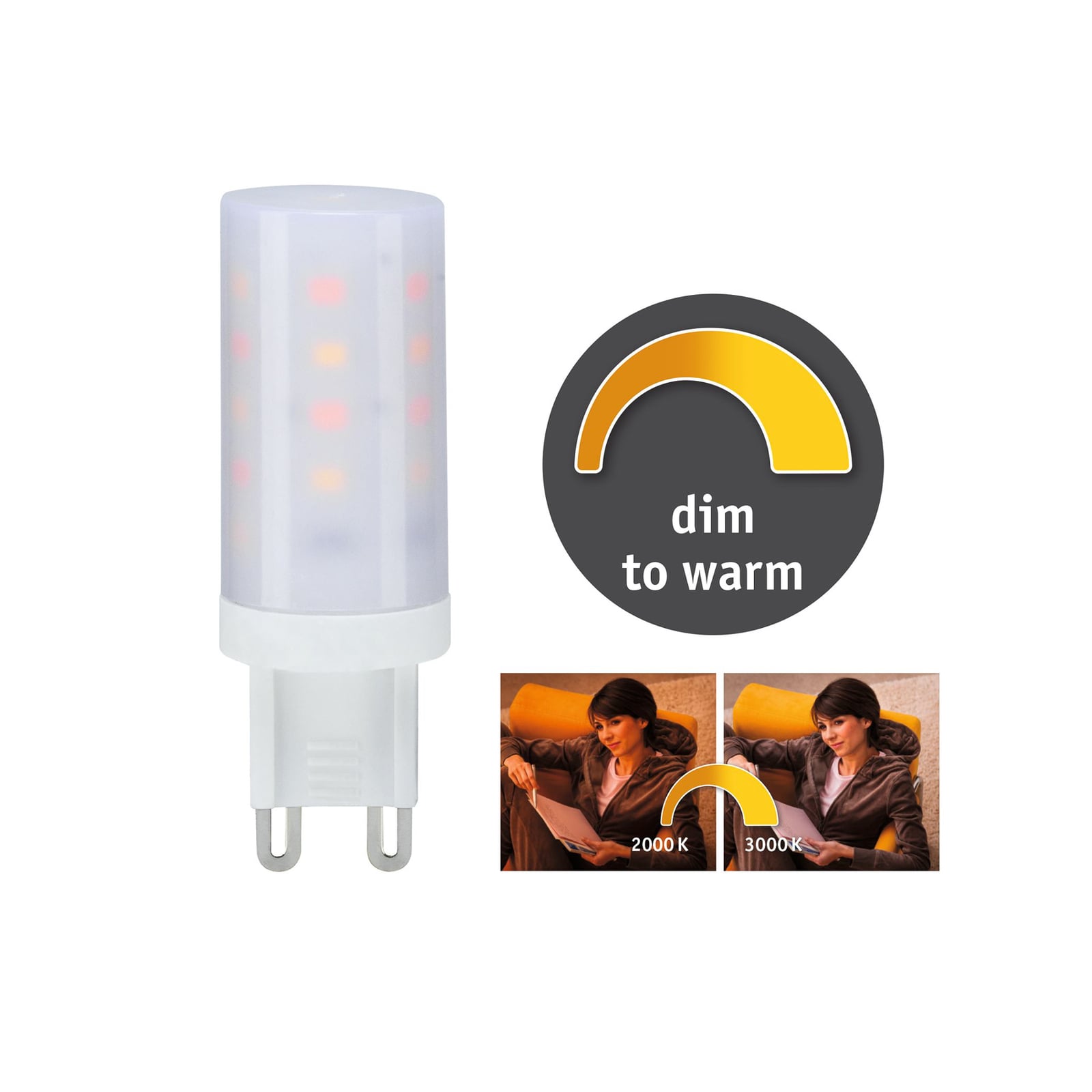 LED-pære G9 4W dim-to-warm 3000K-2000K dimbar Paulmann forfra