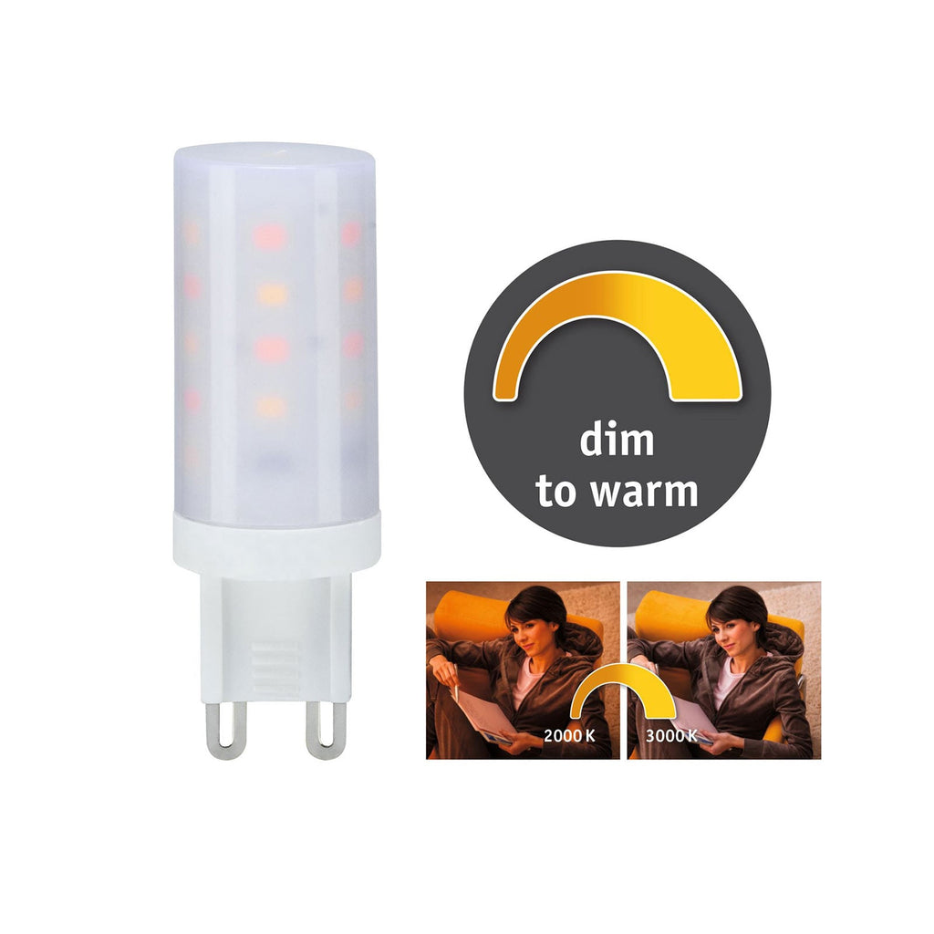 LED-pære G9 4W dim-to-warm 3000K-2000K dimbar Paulmann bakside
