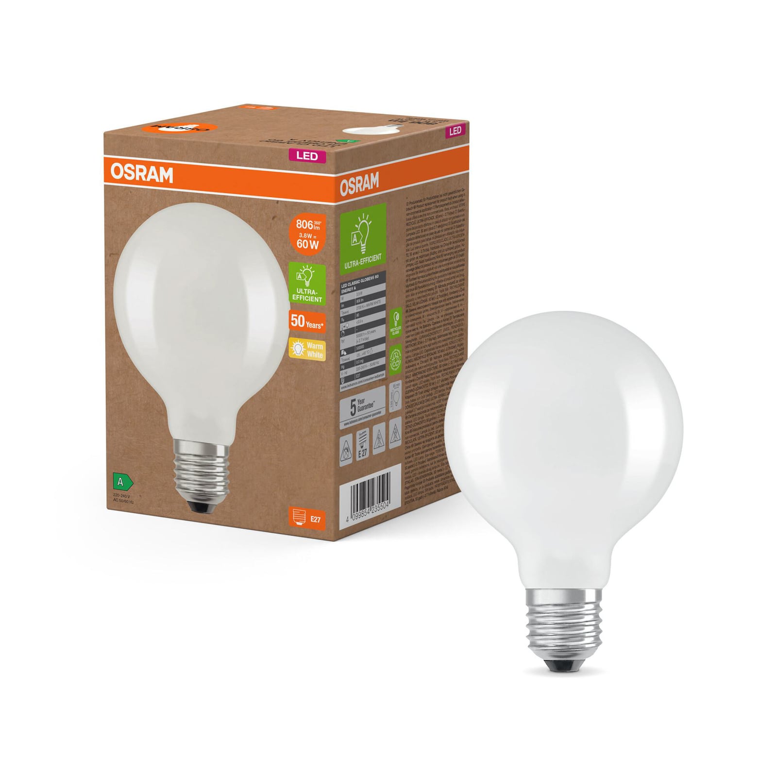 Detalj av LED-pære Globe G95 E27 3,8W 2700K varmhvit matt
