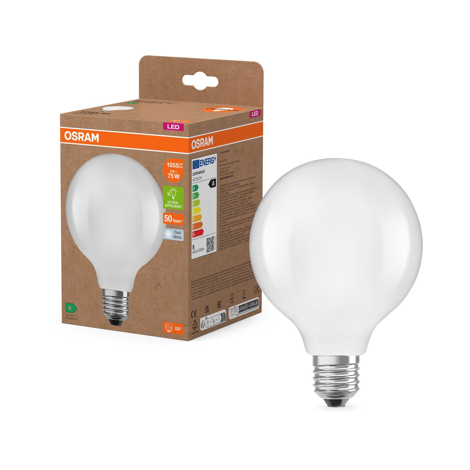 LED-pære Globe G95 E27 5W 1055lm 4000K matt OSRAM detalj