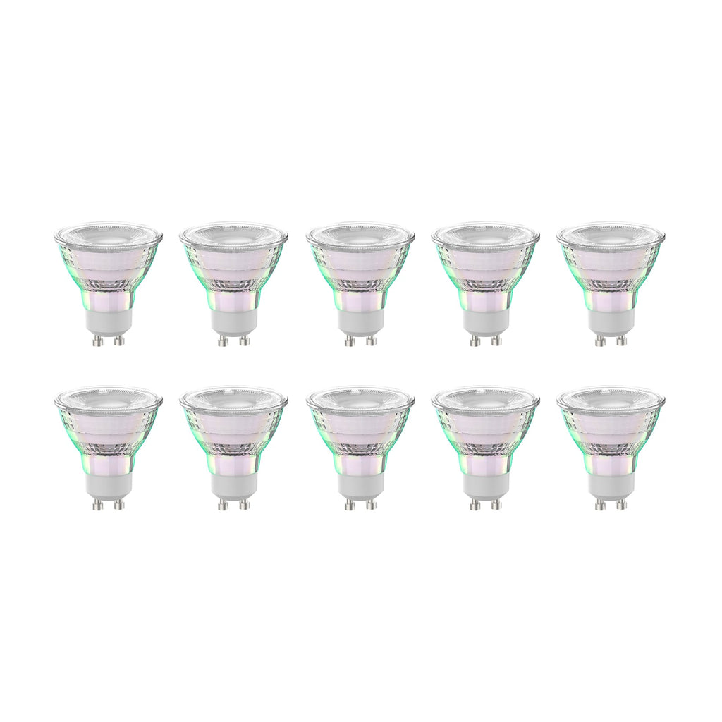 LED-pære GU10 2,5W 2700K varmhvit glass 10-pakning forfra