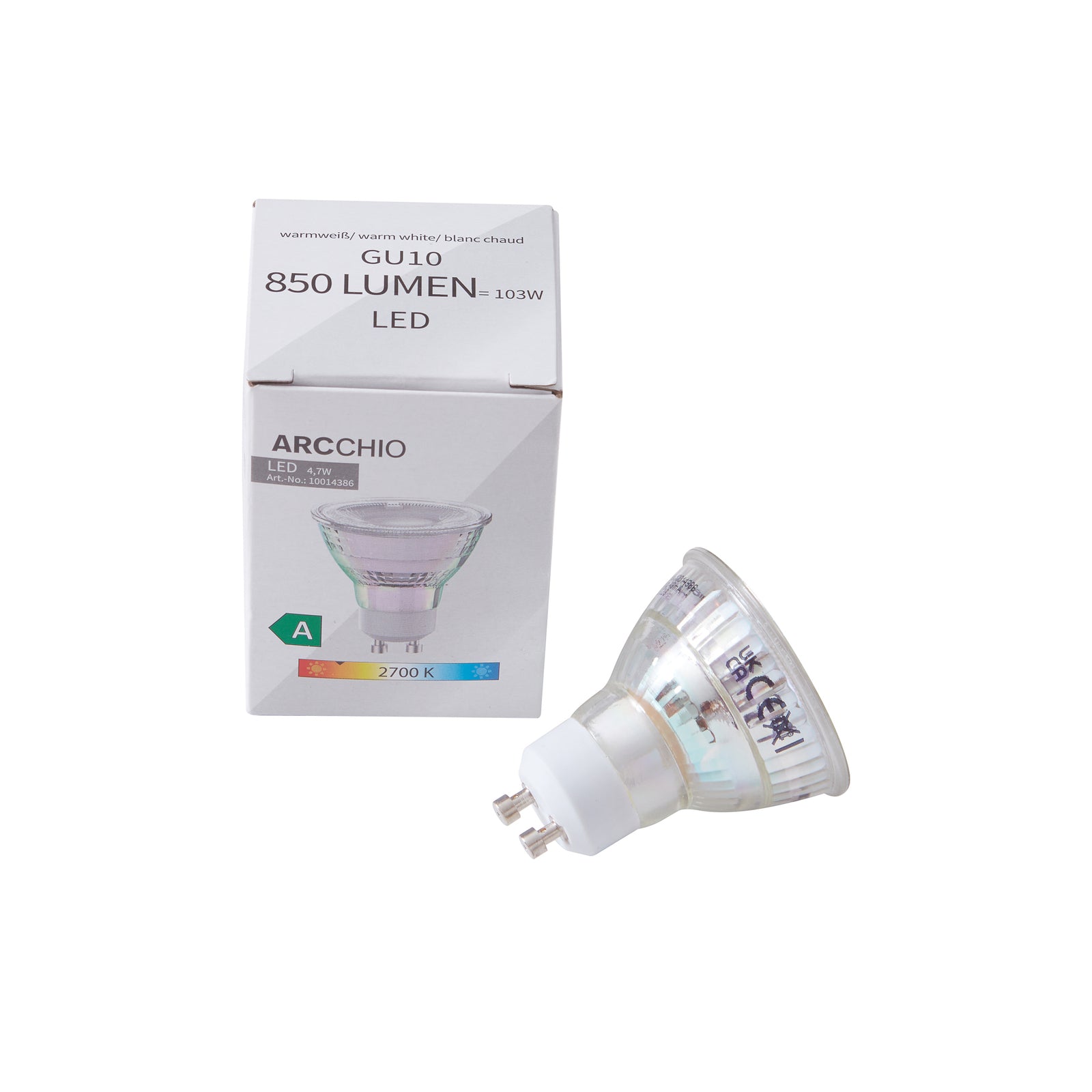 Nærbilde av LED-pære GU10 4,7W 2700K 100° 850lm glass