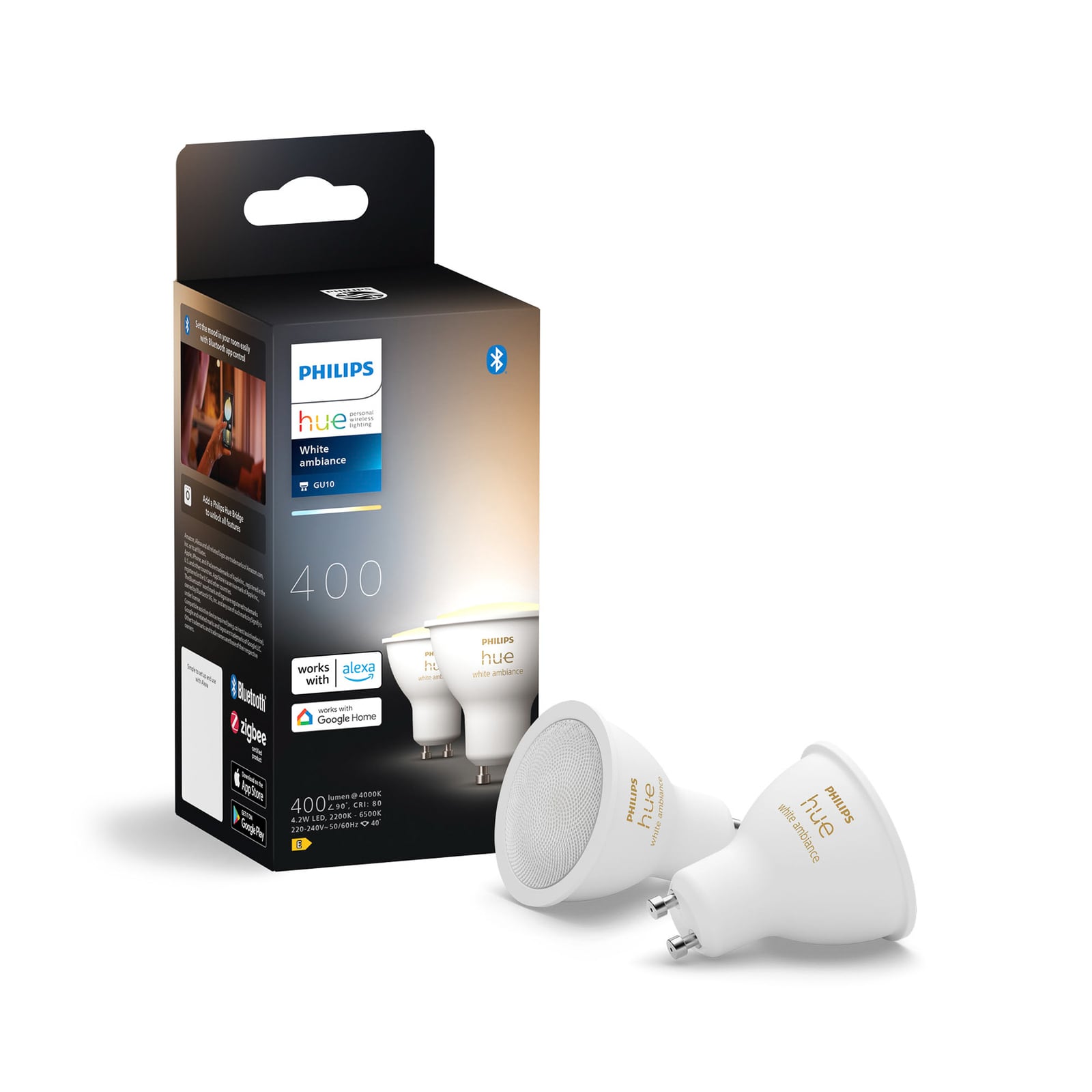 LED-pære GU10 4,2W reflektor dimbar CCT 2-pakning Philips Hue bluetooth-funksjon