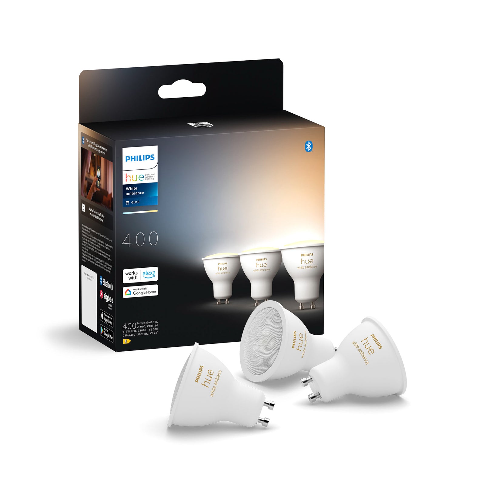 LED-pære GU10 4,2W reflektor dimbar CCT 3-pakning - Philips Hue i bruk