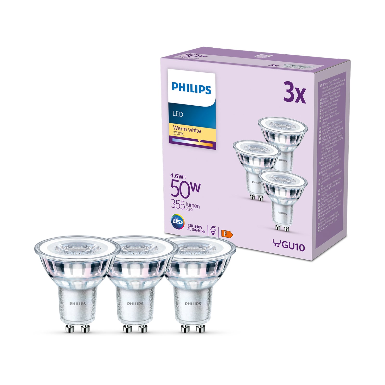 LED-pære GU10 4,6W 355lm 2700K klar 36° 3-pakning Philips forfra