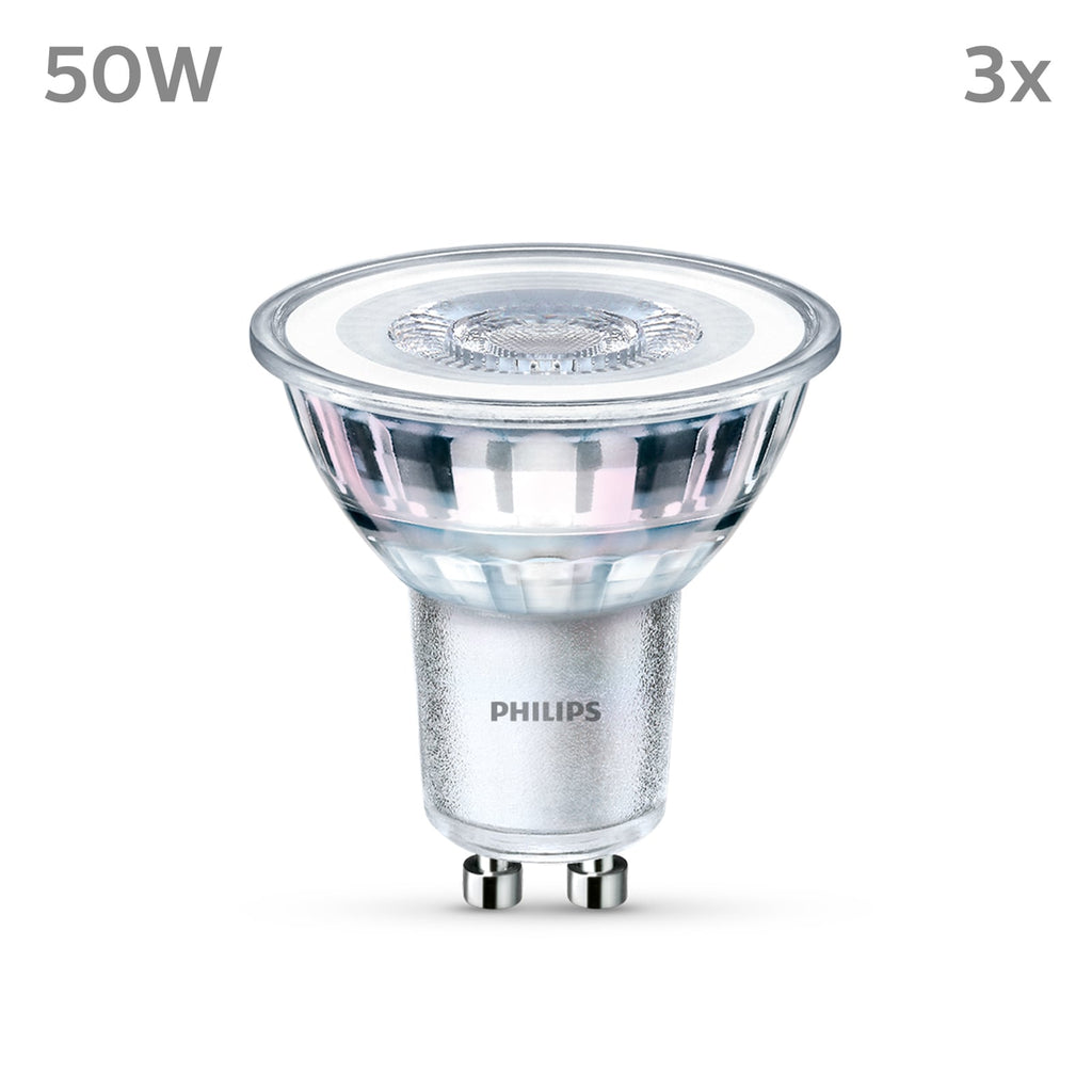 Nærbilde av LED-pære GU10 4,6W 355lm 2700K klar 36° 3-pakning Philips glass