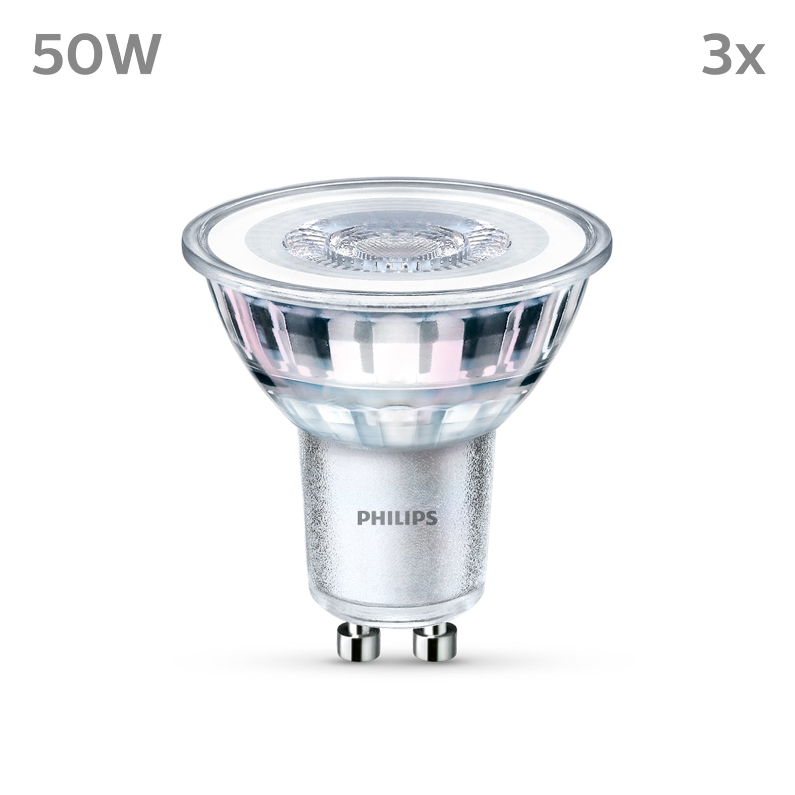 Nærbilde av LED-pære GU10 4,6W 355lm 2700K klar 36° 3-pakning Philips glass