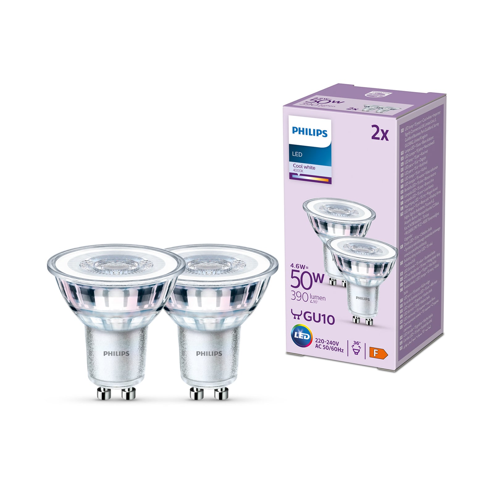 LED-pære GU10 4,6W 390 lm 4000K klar 36° 2-pakning fra Philips forfra