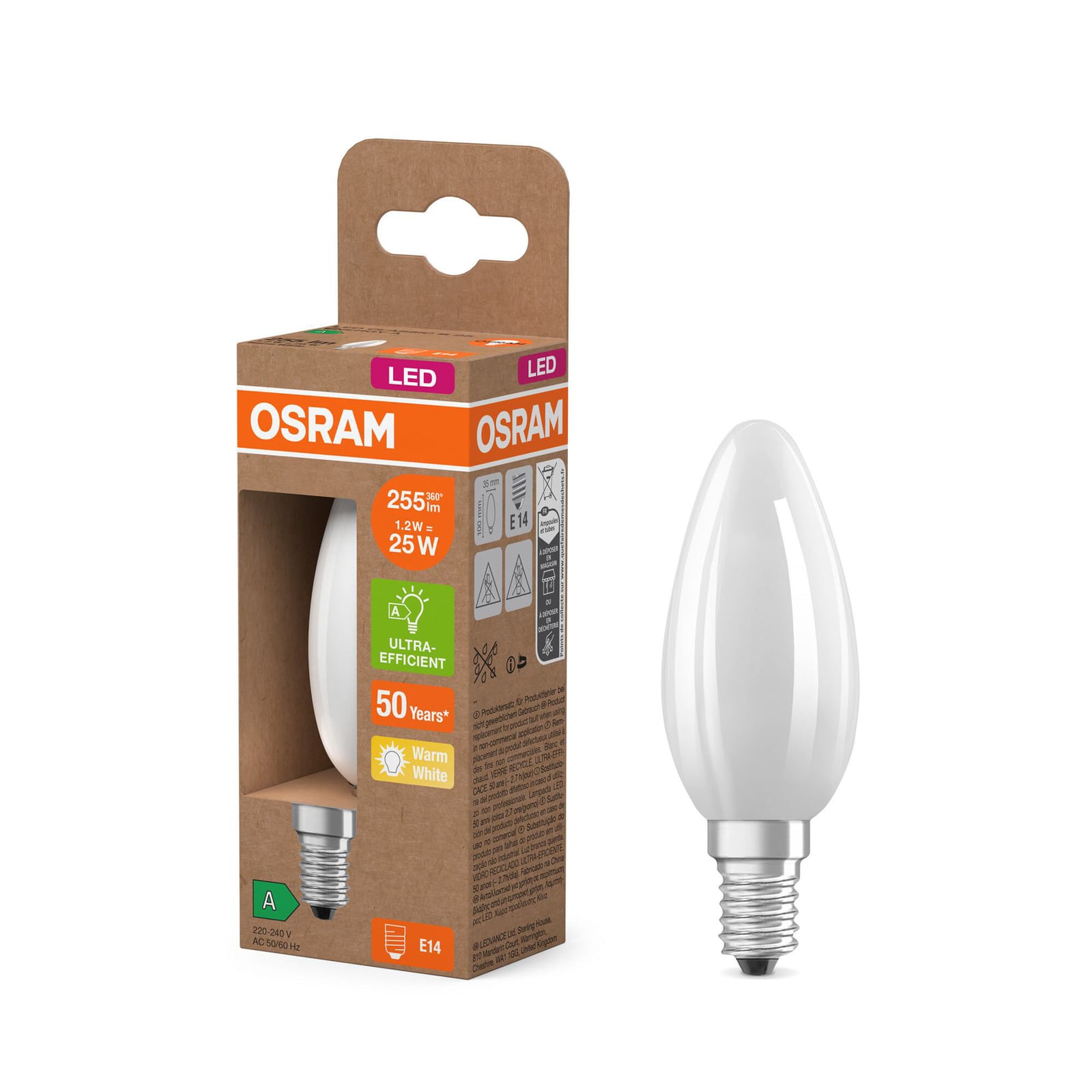 LED-pære kronelysform E14 1,2W 2700K matt 255lm OSRAM nærbilde