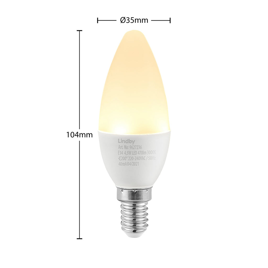 LED-pære kronelysform E14 4,5W 3000K opal 470lm 3-pk - Lindby montert