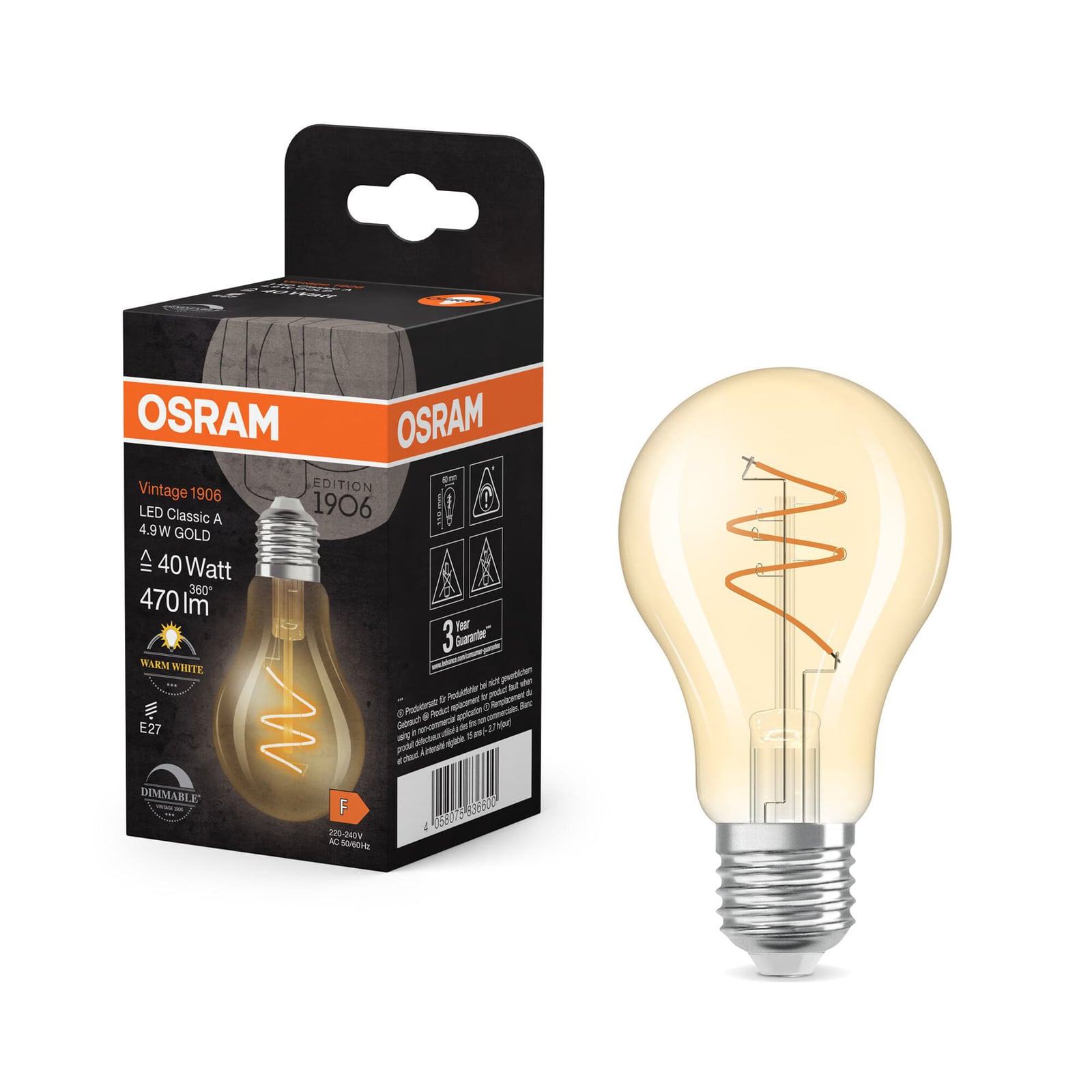 LED-pære Vintage E27 4,9W 2700K spiralfilament gull dimbar nærbilde