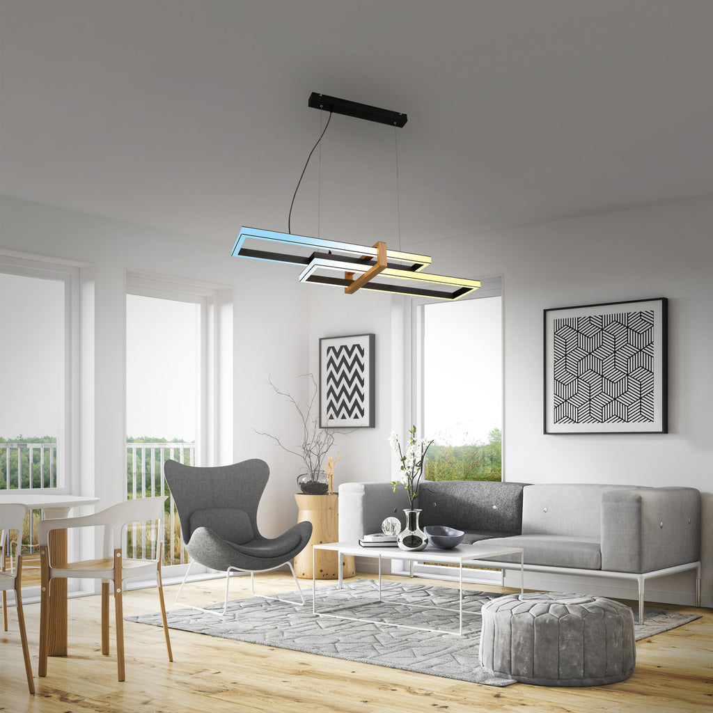 Bakside av LED pendellampe 2-lys svart/tre dimbar CCT IP44 med fjernkontroll