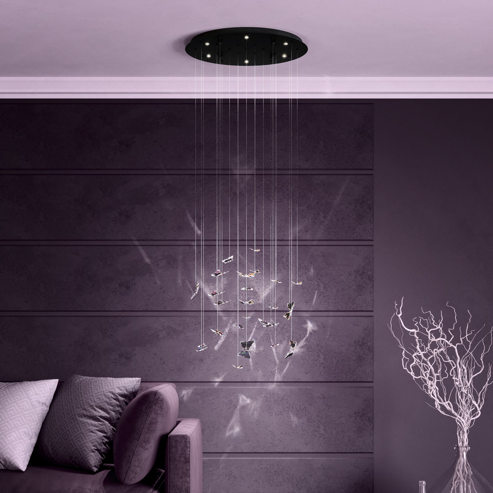 LED pendellampe Adrados 6-lys glass sommerfugler forfra