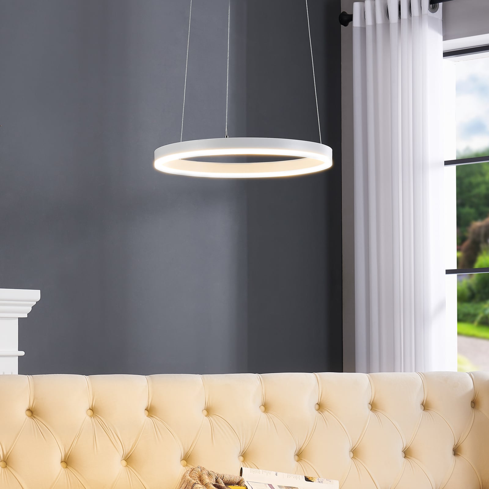 LED pendellampe Albiona ringformet hvit dimbar Ø40 cm forfra