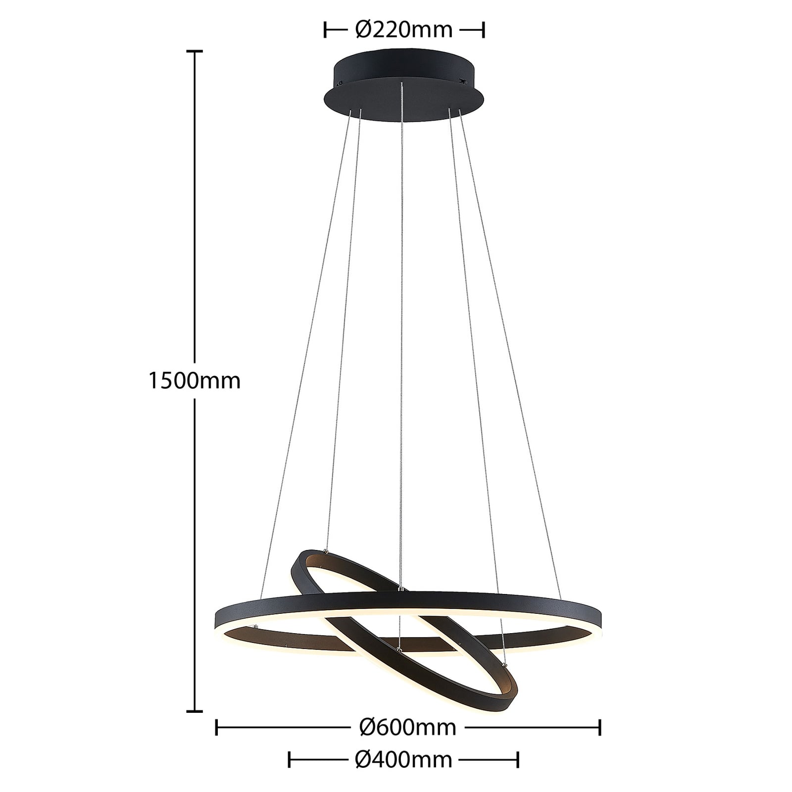 LED pendellampe Albiona 2 ringer dimbar svart nærbilde av lyskilde