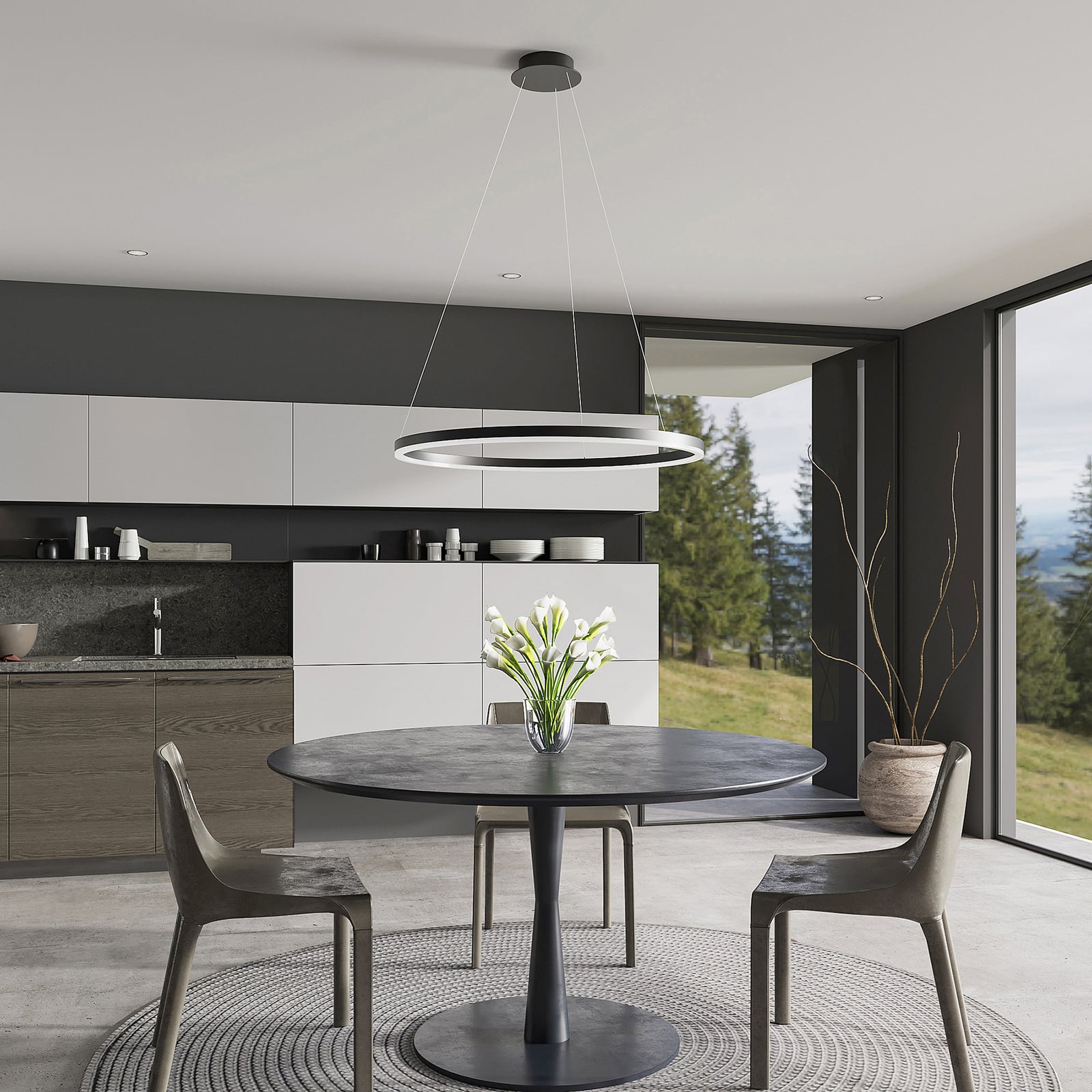 Detalj av LED pendellampe Albiona ringformet svart dimbar Ø80 cm
