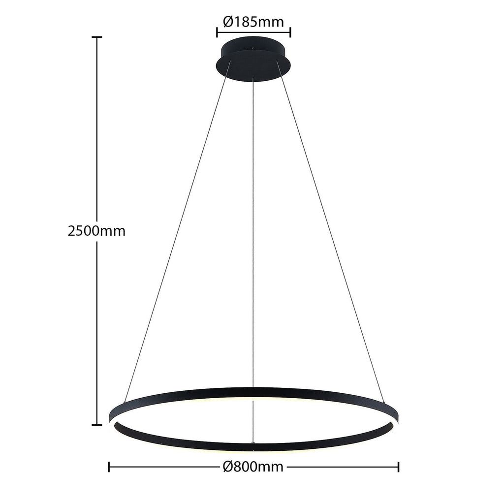 Nærbilde av LED pendellampe Albiona ringformet svart dimbar Ø80 cm