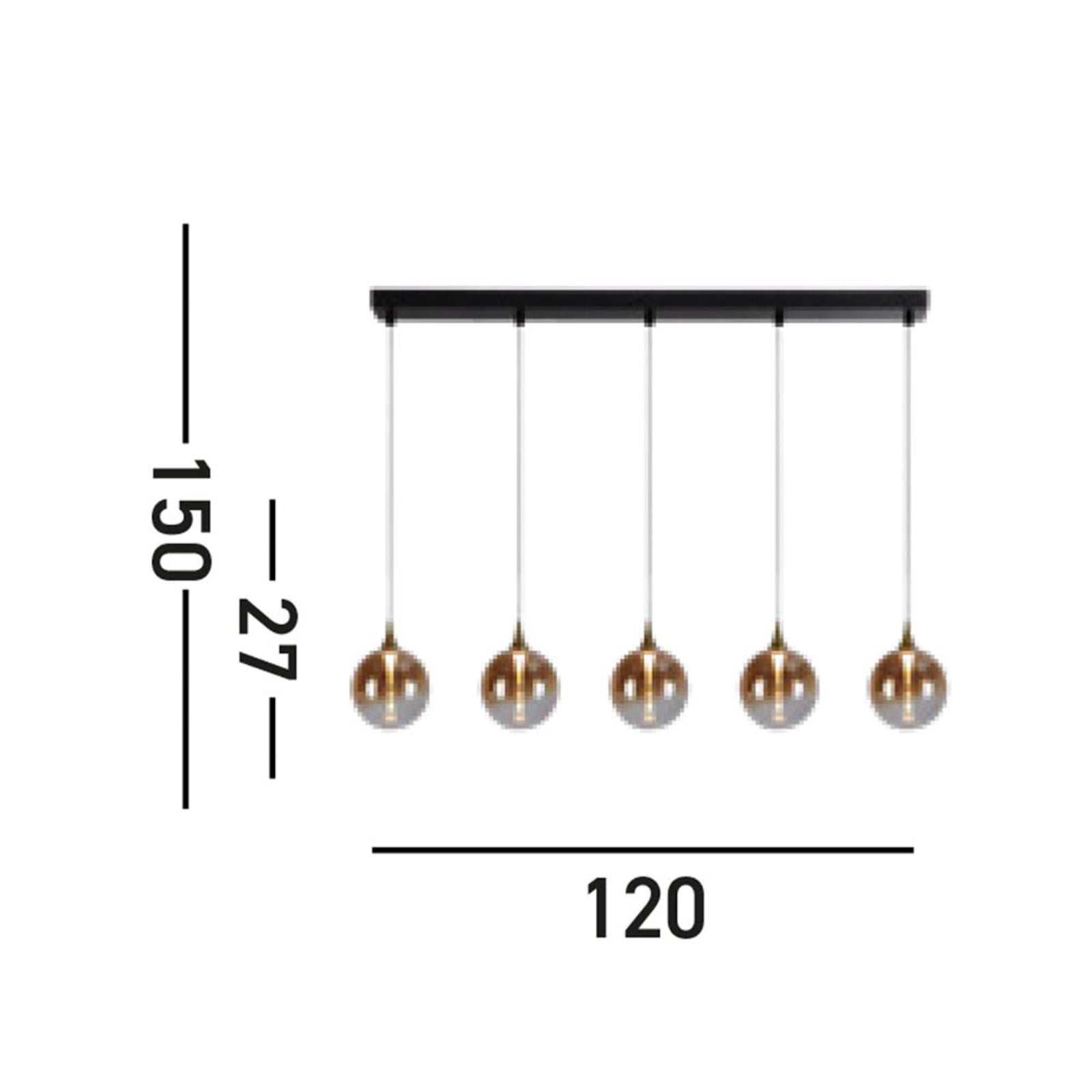 LED pendellampe Alchemy 5-lys ravfarget glass dimbar nærbilde av glasskupler