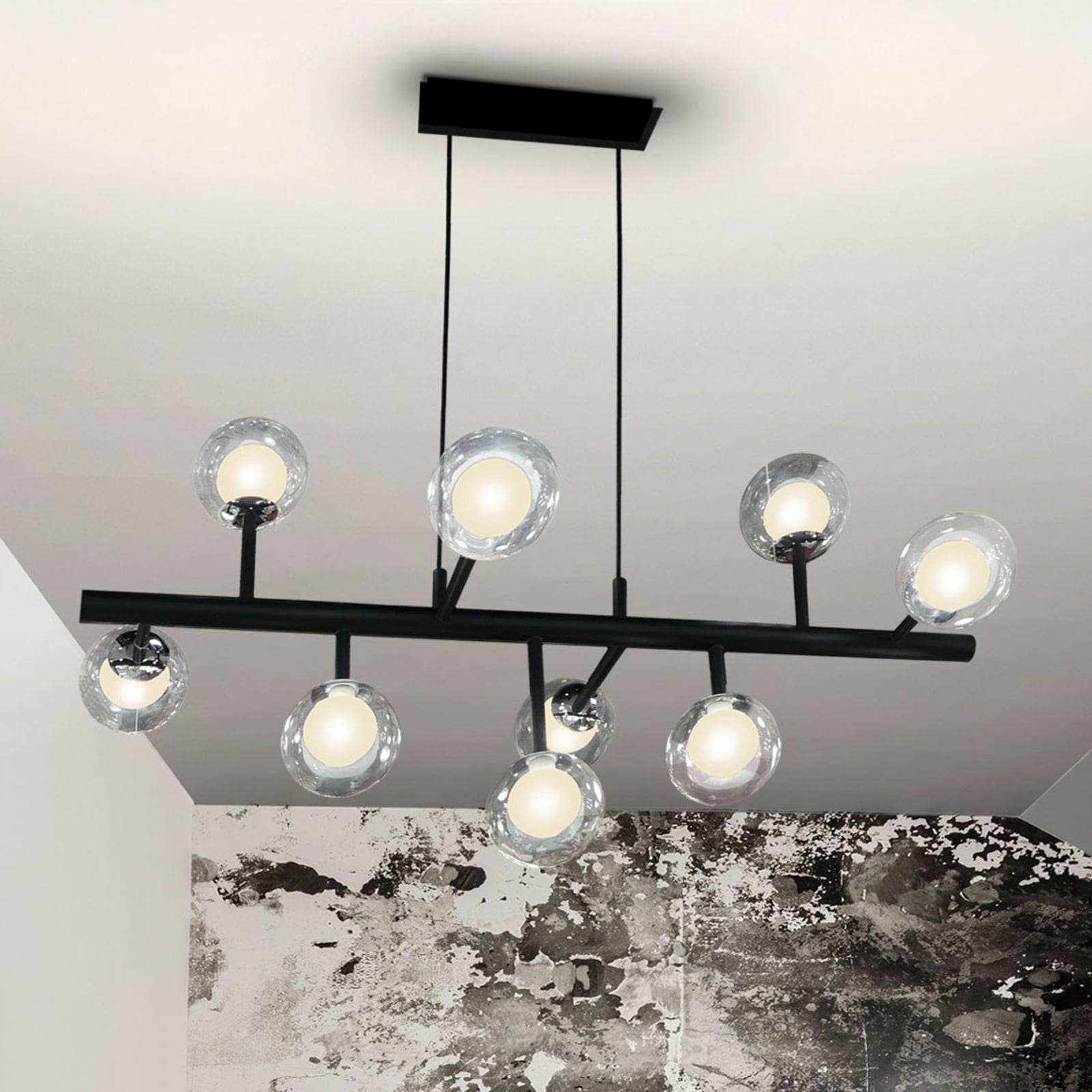LED pendellampe Altais 9-lys dimbar med fjernkontroll glass forfra
