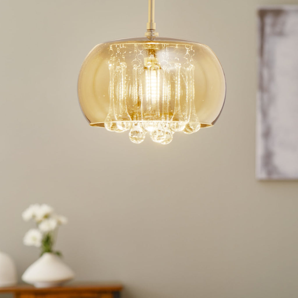 LED pendellampe Argos med krystalldråper glass forfra