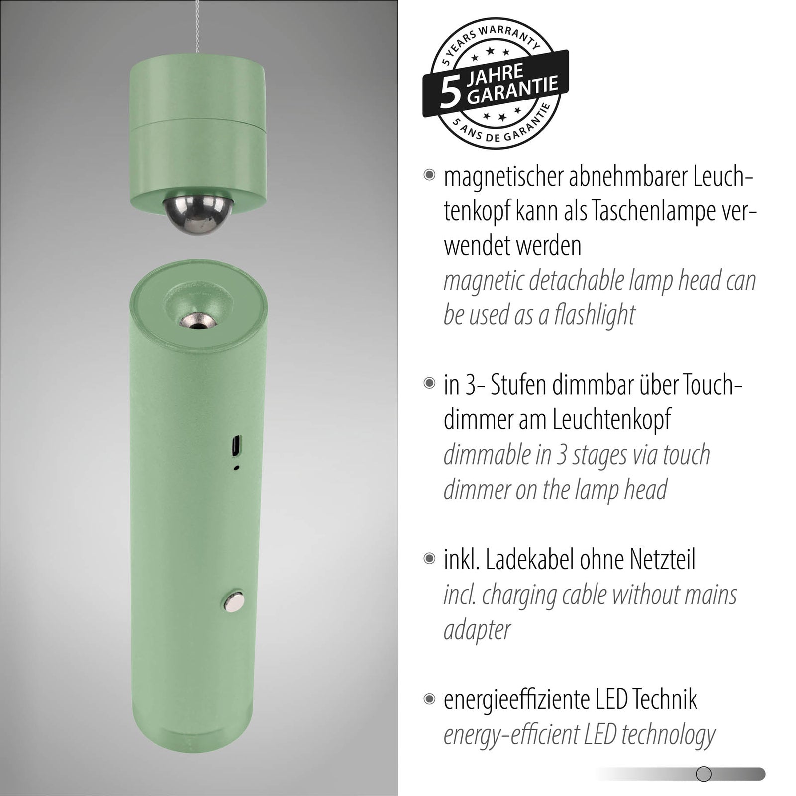 LED pendellampe Attach oppladbar grønn dimbar jern med magnetisk festing