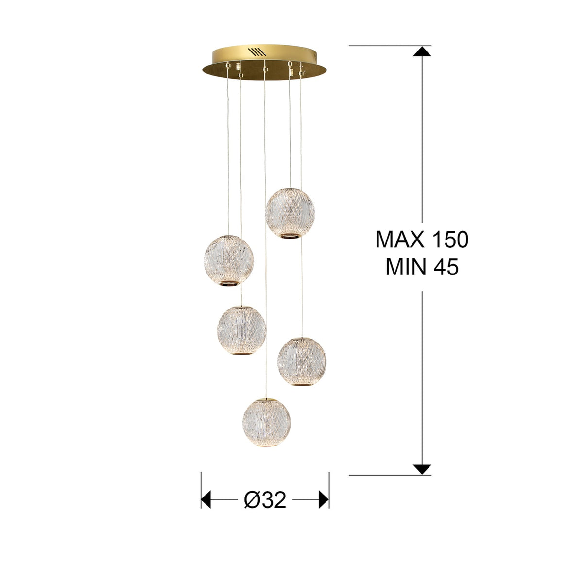 Detalj av LED pendellampe Austral 5-lys gull/klar akryl
