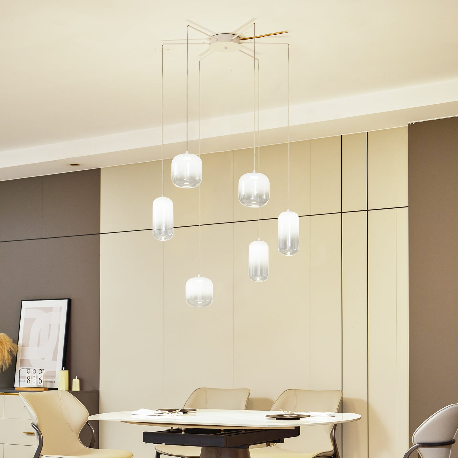 LED pendellampe Avelina 6-lys glass/metall hvit Ø77 cm bakside
